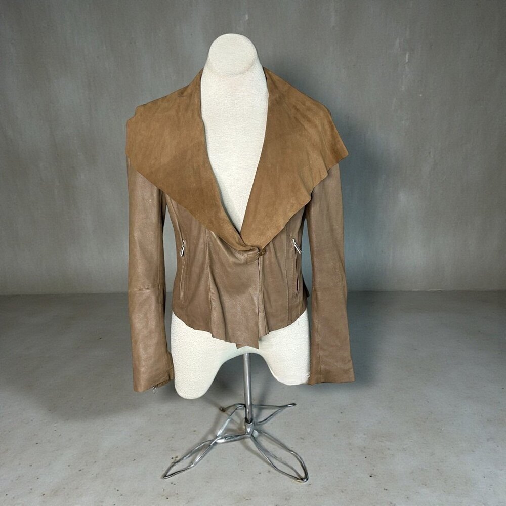 Kors Michael Kors Brown Leather Jacket Suede Moto Waterfall Y2K Designer Medium